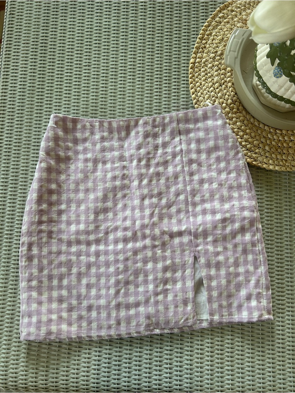 Blue Blush Lilac and White Gingham Mini Skirt with Front Slit